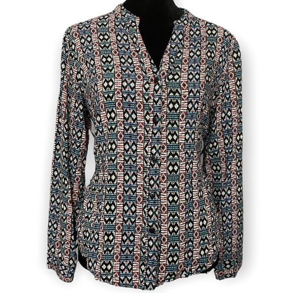 Geometric Printed Multicolored Blouse By Life Style Size Medium Casual Workwear - Picture 3 of 7